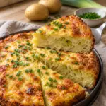 High-Protein Kartoffel-Lauch-Kuchen mit goldbraunem Käse und angehobenem Stück auf dem Tortenheber
