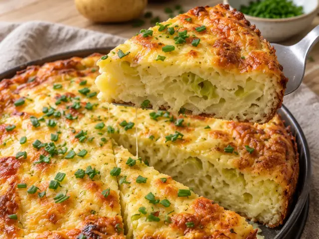 High-Protein Kartoffel-Lauch-Kuchen mit goldbraunem Käse und angehobenem Stück auf dem Tortenheber