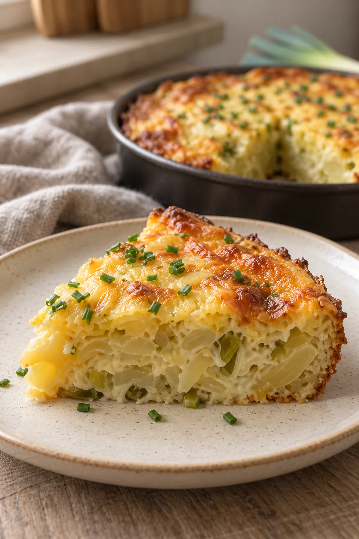 Serviertes Stück Kartoffel-Lauch-Kuchen mit saftigem Anschnitt und frischem Schnittlauch