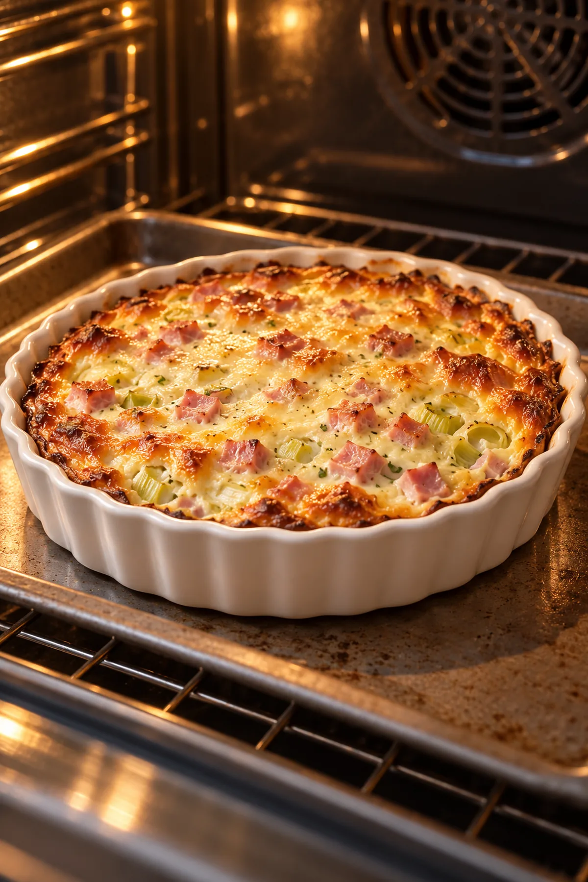 Lauch-Schinken-Quiche beim goldbraunen Backen in einer weißen Ofenform