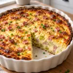 Goldbraune High-Protein Lauch-Schinken-Quiche in einer weißen Keramikform