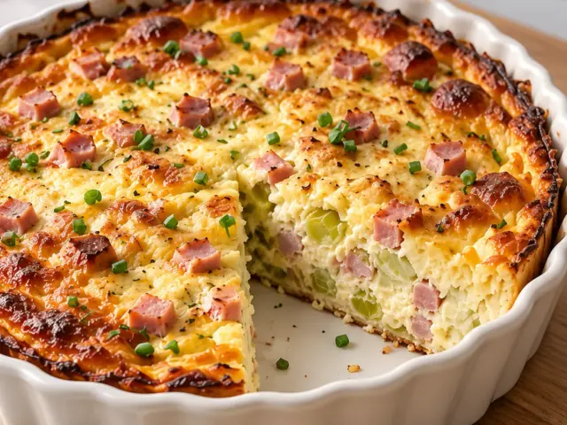 Goldbraune High-Protein Lauch-Schinken-Quiche in einer weißen Keramikform
