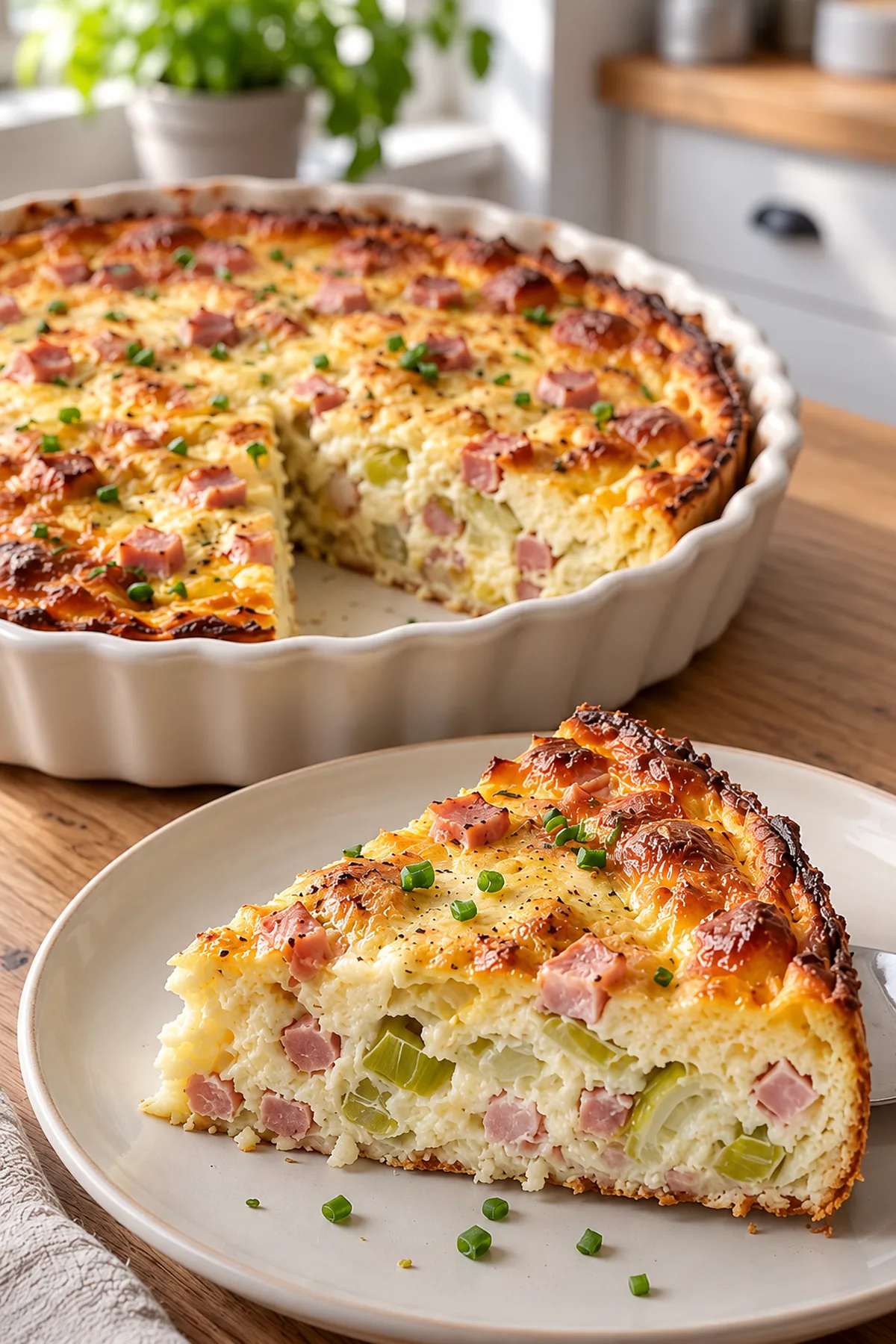 Serviertes Stück High-Protein Lauch-Schinken-Quiche mit saftiger Füllung