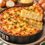 Goldbrauner High-Protein Low-Carb Zwiebelkuchen mit cremigem Anschnitt und Zwiebelringen
