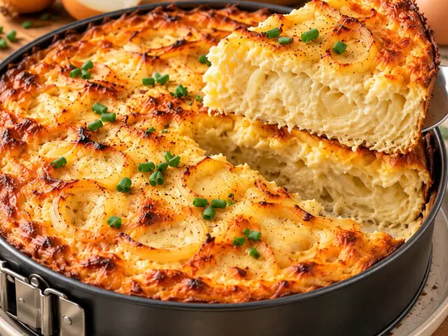 Goldbrauner High-Protein Low-Carb Zwiebelkuchen mit cremigem Anschnitt und Zwiebelringen