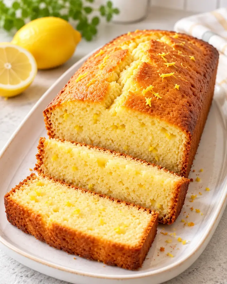 Kalorienarmer Zitronenkuchen mit goldbrauner Kruste, lockerer Krume und frischer Zitronenschale