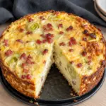 Proteinreicher Bauernkuchen mit Porree und Speck ohne Teigboden, goldbraun gebacken