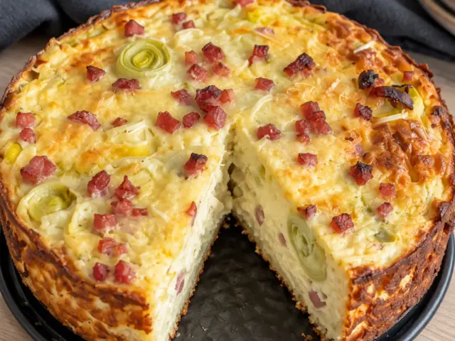 Proteinreicher Bauernkuchen mit Porree und Speck ohne Teigboden, goldbraun gebacken