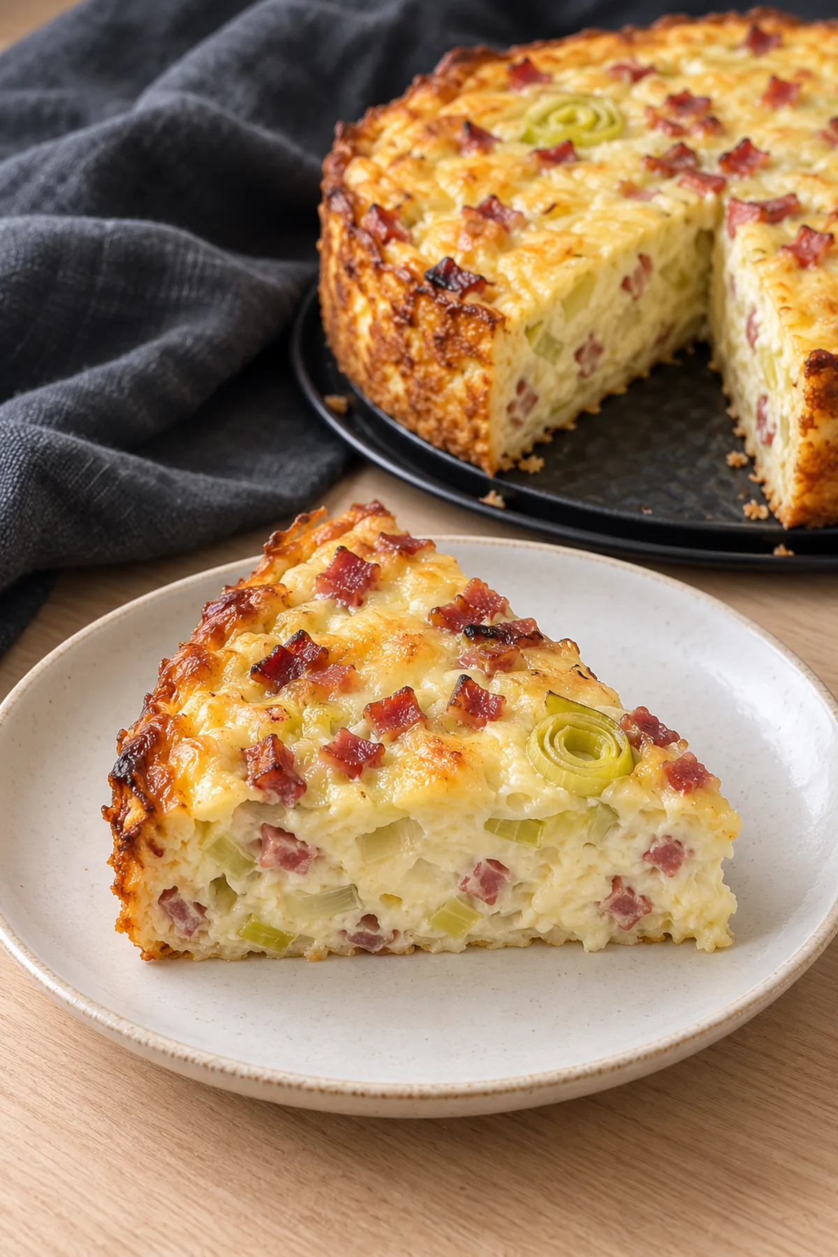 Serviertes Stück saftiger Bauernkuchen mit Porree, Speck und goldbrauner Käsekruste